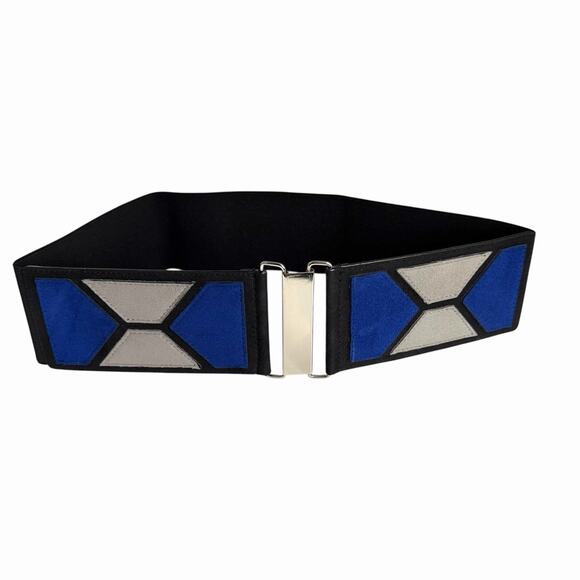 Express Stretchy Waist Belt Statement Geometric Womens Sz M / L Wide Black Blue - Picture 1 of 8
